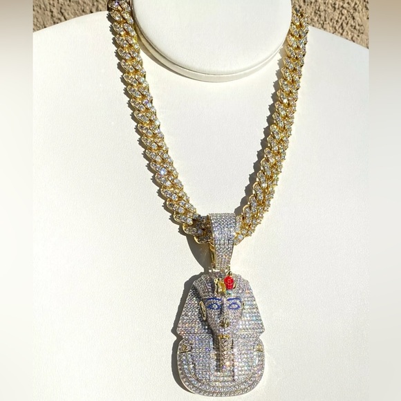 Men 14k Gold Fill Stamp Ice Egyptian King Tut Pharaoh Iced Miami Chain+Pendant - Picture 7 of 7